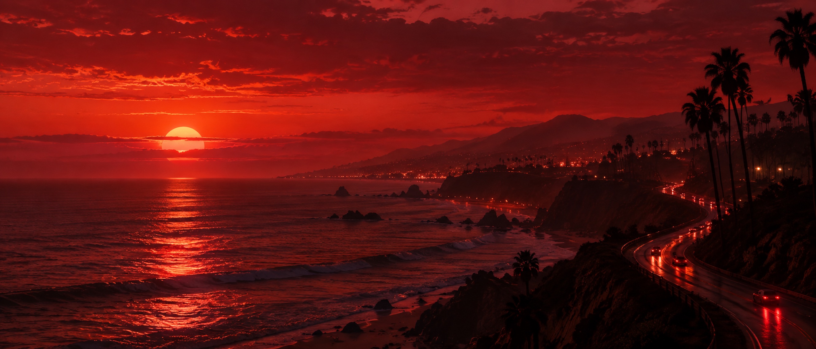 A coastal road and palm trees beneath a deep red sunset
